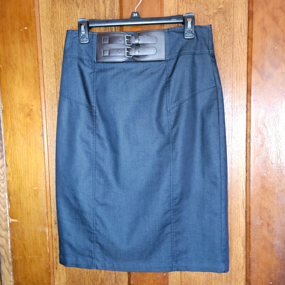 Worthington Pencil Skirt Womens 10 Dark Blue Faux Leather Buckle Belted Exc